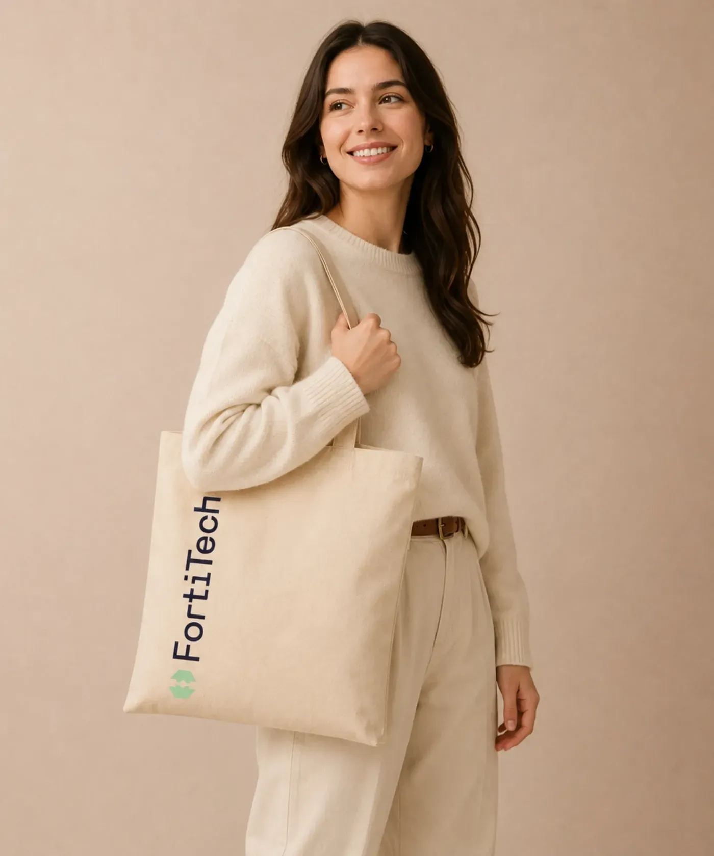 Płócienna torba reklamowa z pionowym nadrukiem na jasnym tle prezentowana na modelce