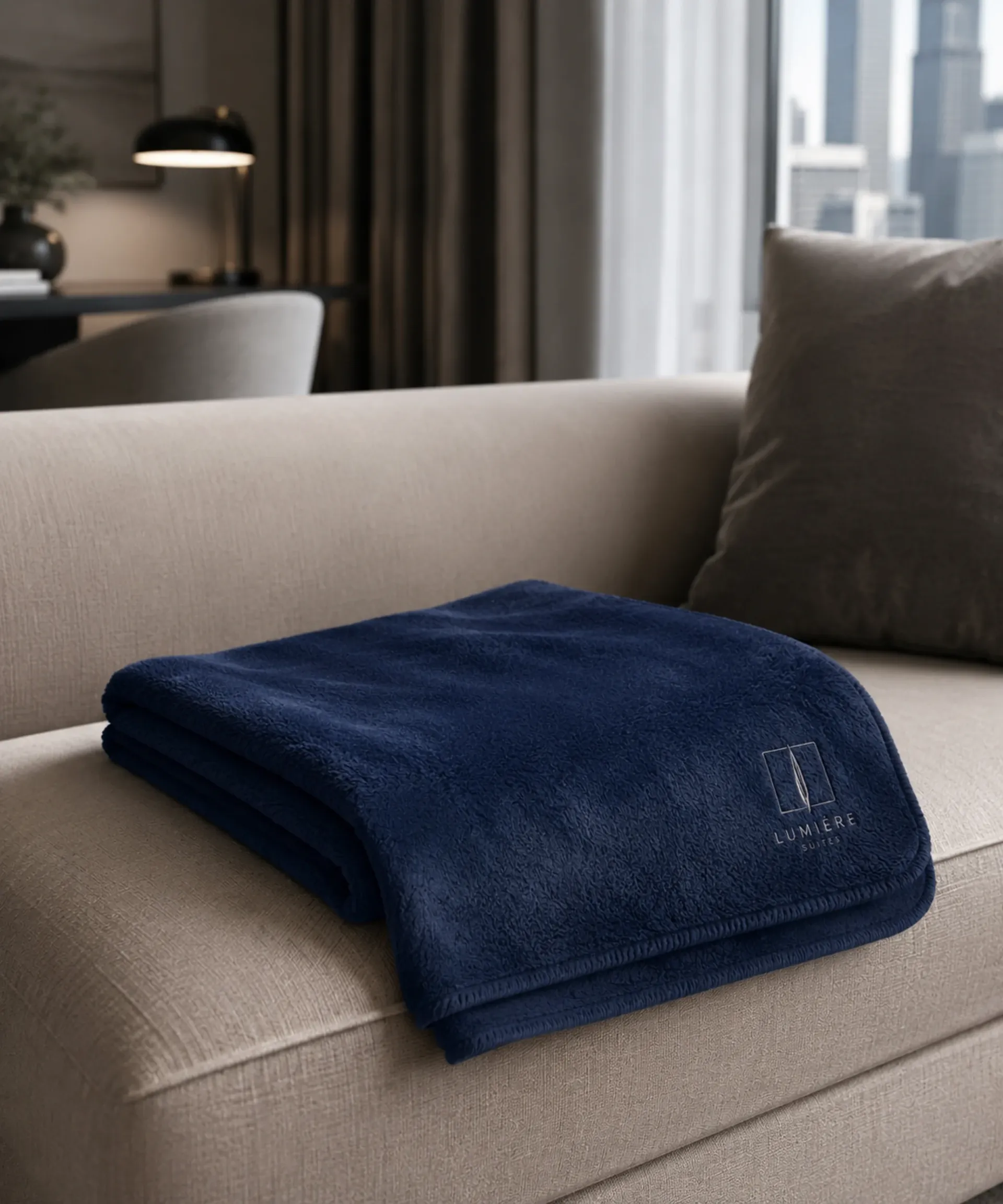 Koc hotelowy z haftowanym logo wykonany z miękkiego pluszu minky, przeznaczony do pokoi hotelowych i apartamentów premium.