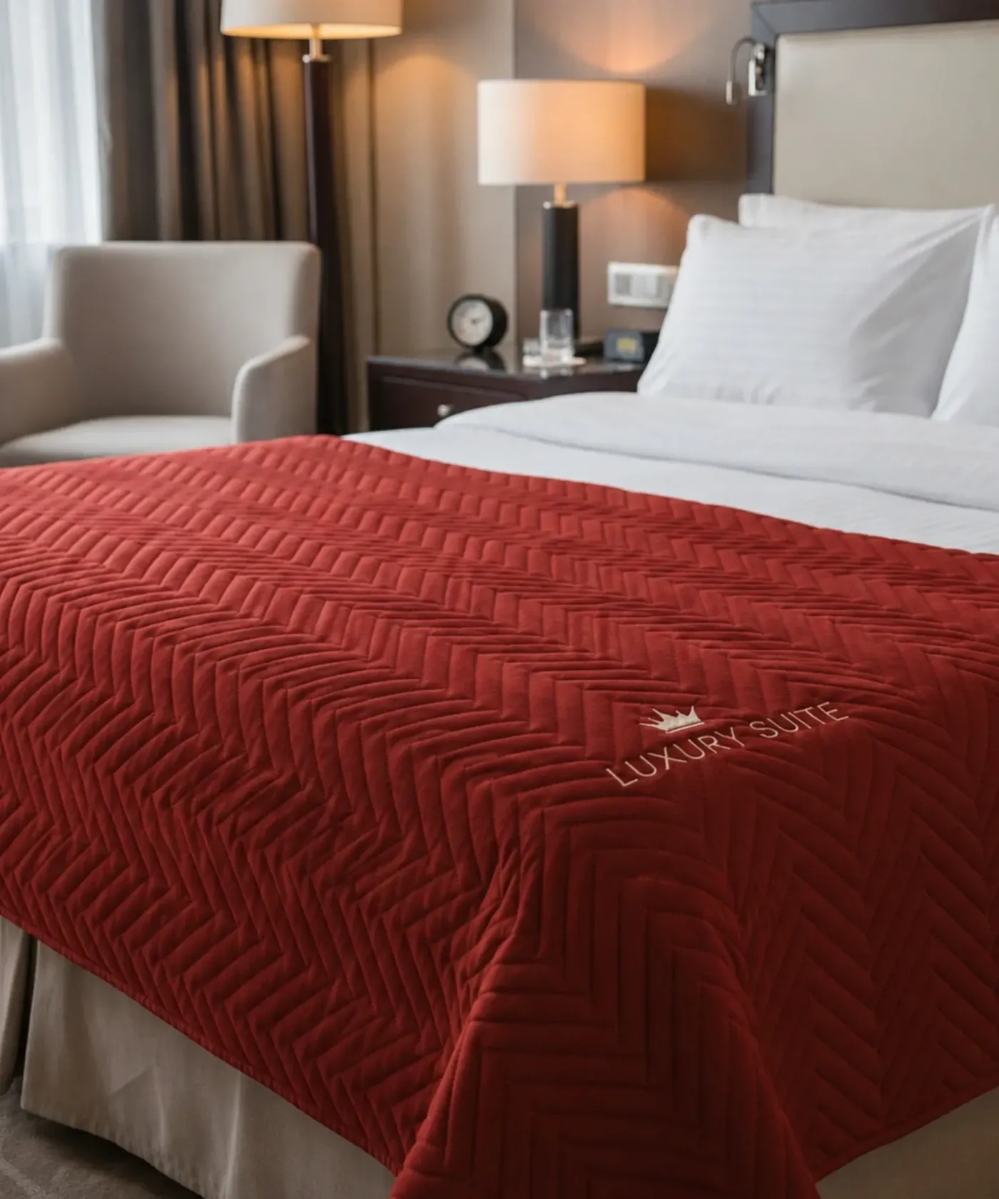 Czerwona pikowana narzuta hotelowa z haftowanym logo w pokoju hotelowym