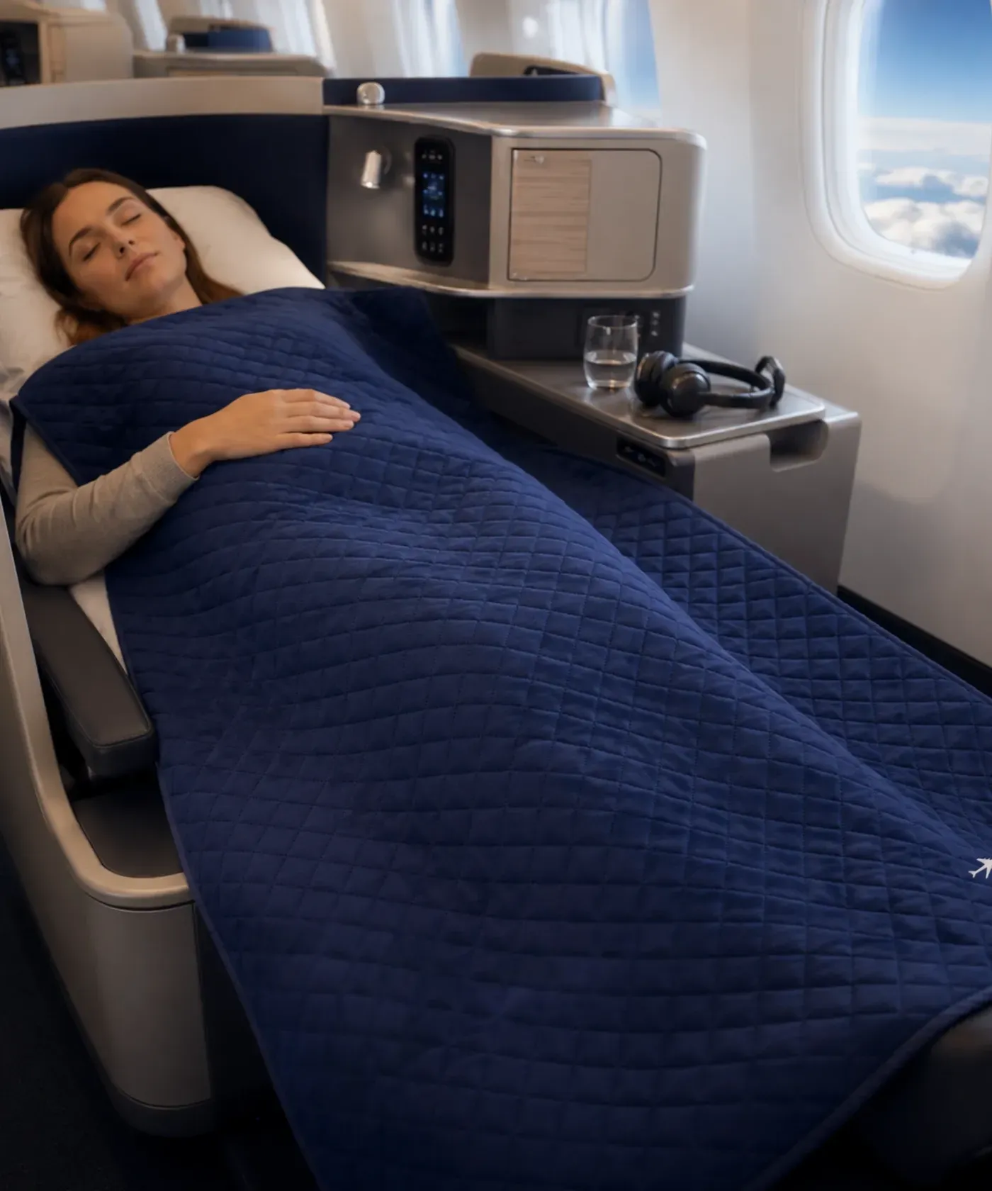 Granatowy koc pikowany polarowy z personalizacją do stref business class i przestrzeni premium